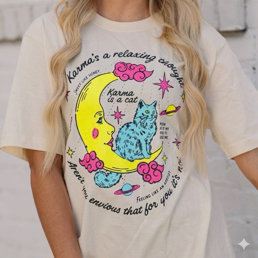 Karma Is A Cat Taylor Swift Inspired Graphic Tee Cream XL Short Sleeve, Dreamy